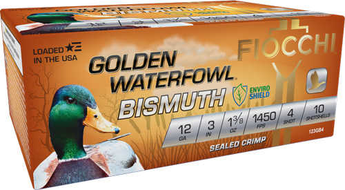 Fiocchi Golden Bismuth 12 Gauge Waterfowl Ammo by Fiocchi Ammo comes in a 3-inch, 1 3/8 oz, #4 shot, 1450 FPS load. The orange and gold box with green accents features a mallard duck and contains ten non-toxic high velocity rounds.