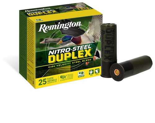 A box of Remington 12 Gauge 3 Nitro Steel Shotgun Ammo 4, featuring ducks in flight, sits beside two black shells. The Remington-branded box contains 25 high velocity steel blend shotgun rounds.