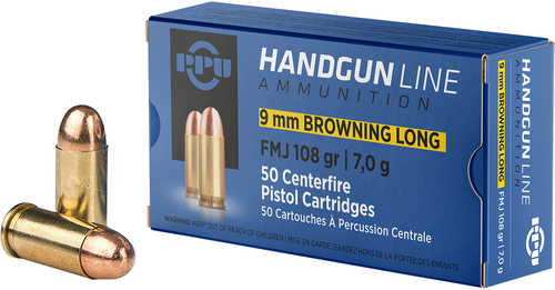 PPU Handgun 9mm Browning Long Ammo – High Performance Full Metal Jacket 50 Rounds