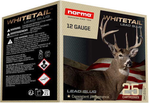The Norma Whitetail 12 Gauge Lead Slug Ammo 25 Rounds Box displays a deer and American flag, with safety warnings clearly marked. Brand: Norma.