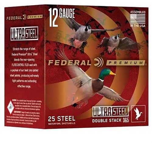 A box of Federal Ultra Steel 12 Gauge 3 Inch Shotgun Ammo by Federal, containing 25 rounds, features branding in red and gold with images of flying ducks, designed specifically for waterfowl hunting.