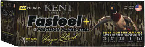 Kent Cartridges Fasteel Bayou Blend 20GA 3in 1oz 3X5 Shot Ammo, box of 100 rounds. Features ultra high performance at 1350 fps and a duck-in-flight image on the box.