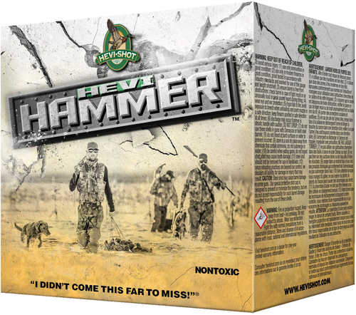 A box of HEVI Shot HEVI Hammer 12 Gauge 3 1/2 Inch 1 1/2 Oz ammo from Hevi-Shot - Environ Metal, featuring the HEVI-HAMMER logo, hunting dogs in a field, and the phrases I didnt come this far to miss! and NONTOXIC.