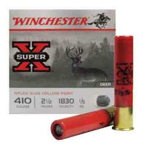 A box of Winchester 410 Gauge Slug Ammo, 15 rounds, 2.5 inch, 0.2 oz shells with two red shells in front. Ideal for hunters seeking reliable Winchester performance; deer image featured on the box.