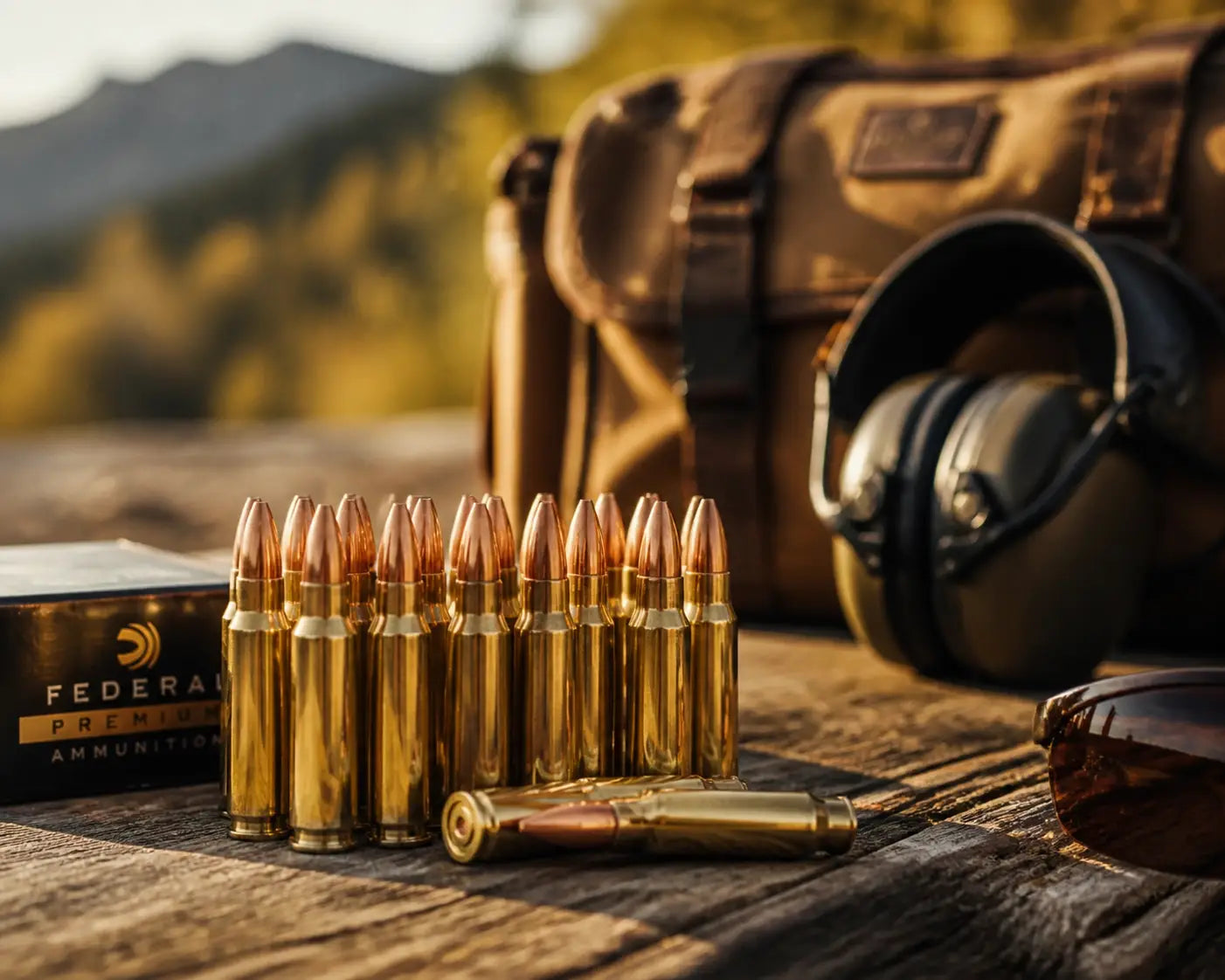Premium ammunition on a wooden bench at an outdoor range, symbolizing stewardship and preparation.