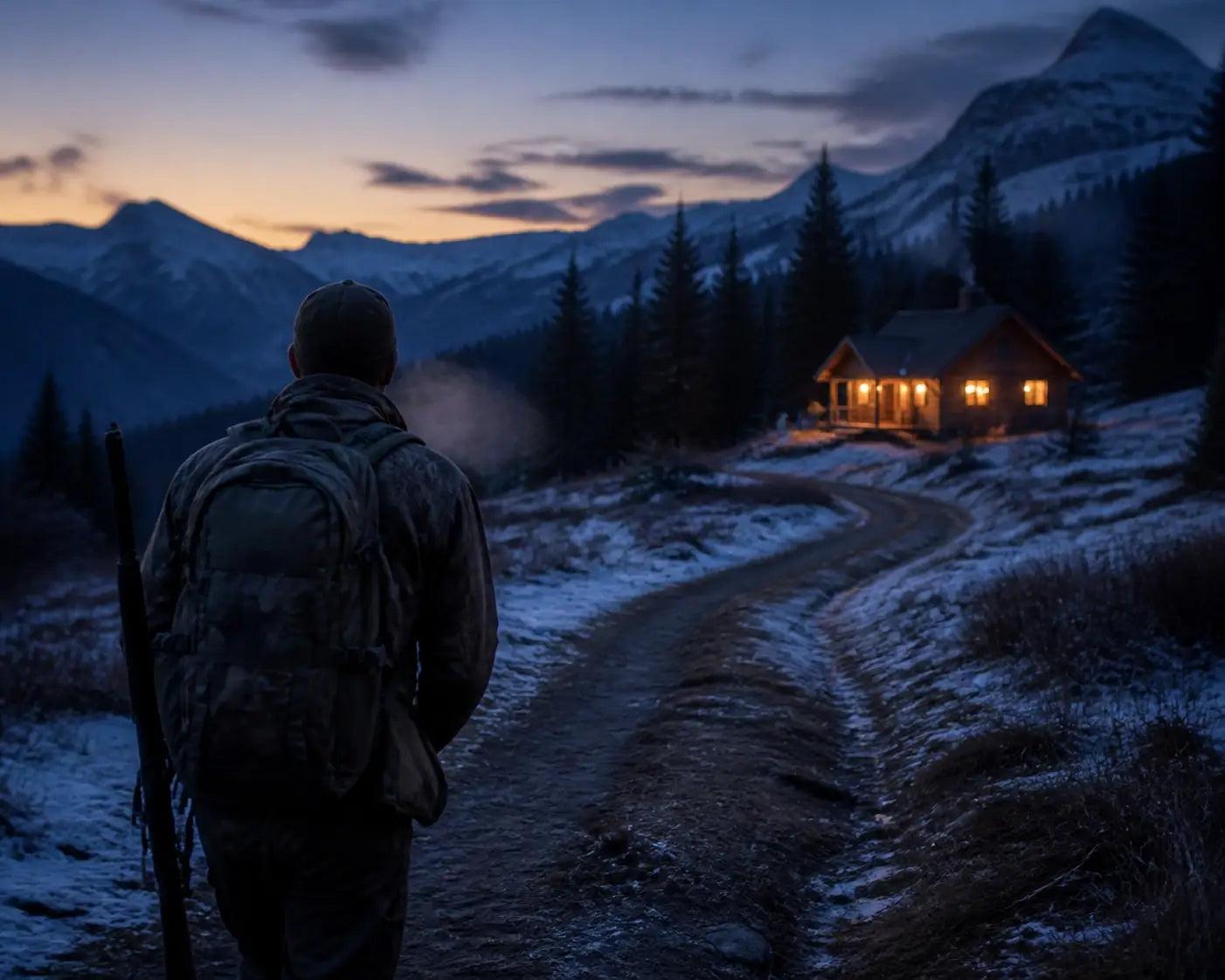 Hunter walking to a warm cabin at twilight after a day of spiritual growth and outdoor adventure.