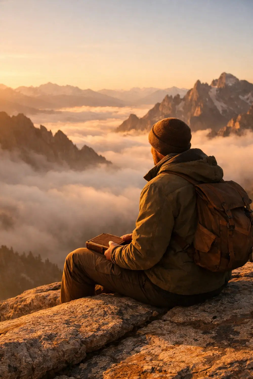 A lone hiker sitting in spiritual reflection overlooking a misty mountain valley at sunrise.