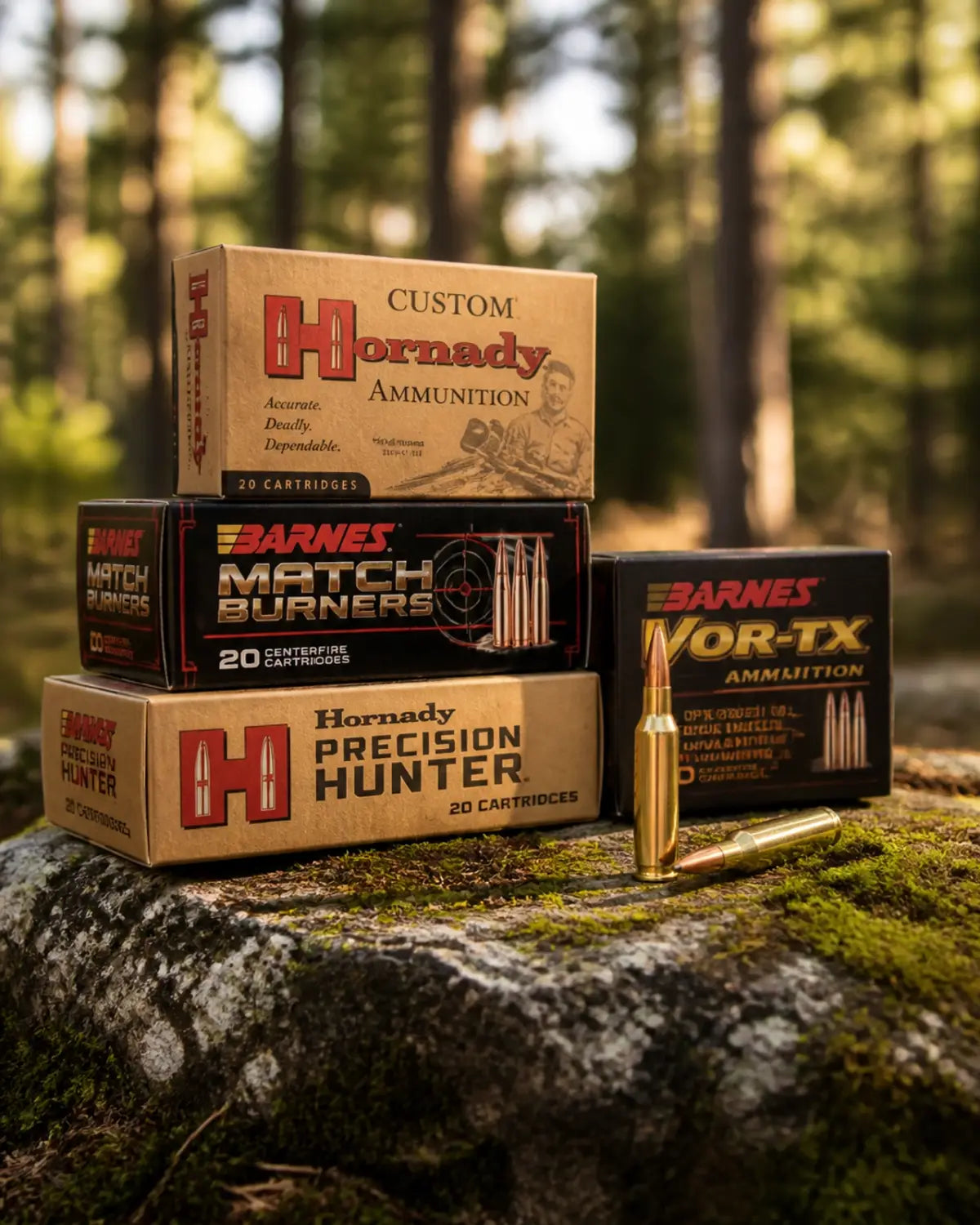 High-quality ammunition from Hornady and Barnes resting on a mossy rock, symbolizing precision and stewardship.