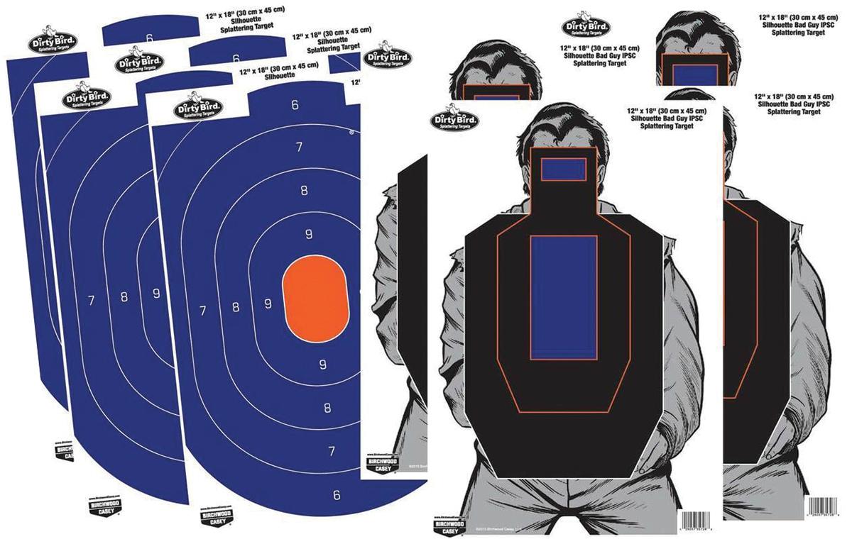Birchwood Casey Paper Targets Birchwood Casey Birchwood Casey Dirty Bird Combo 12"x18" 4-Blue/Orange Oval & 4-Bad Guy IPSC SiLeft Handouette