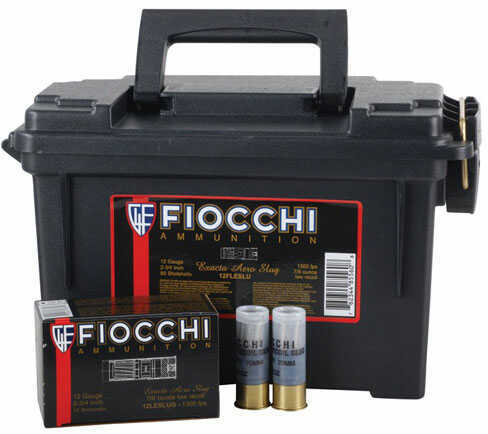 A black Plano ammo can with a handle holds a Fiocchi Ammo 12 Gauge 80 Rounds box (2 3/4 7/8 oz Lead #Slug) and two branded slug shells, all featuring Fiocchi Ammo branding.