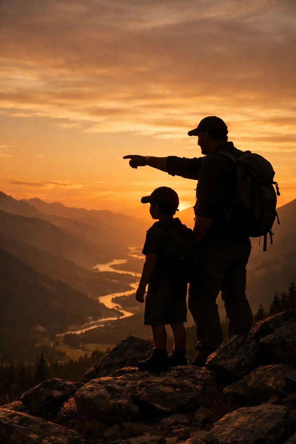 Father and son silhouette at sunset, passing down outdoor legacy and faith-driven values.