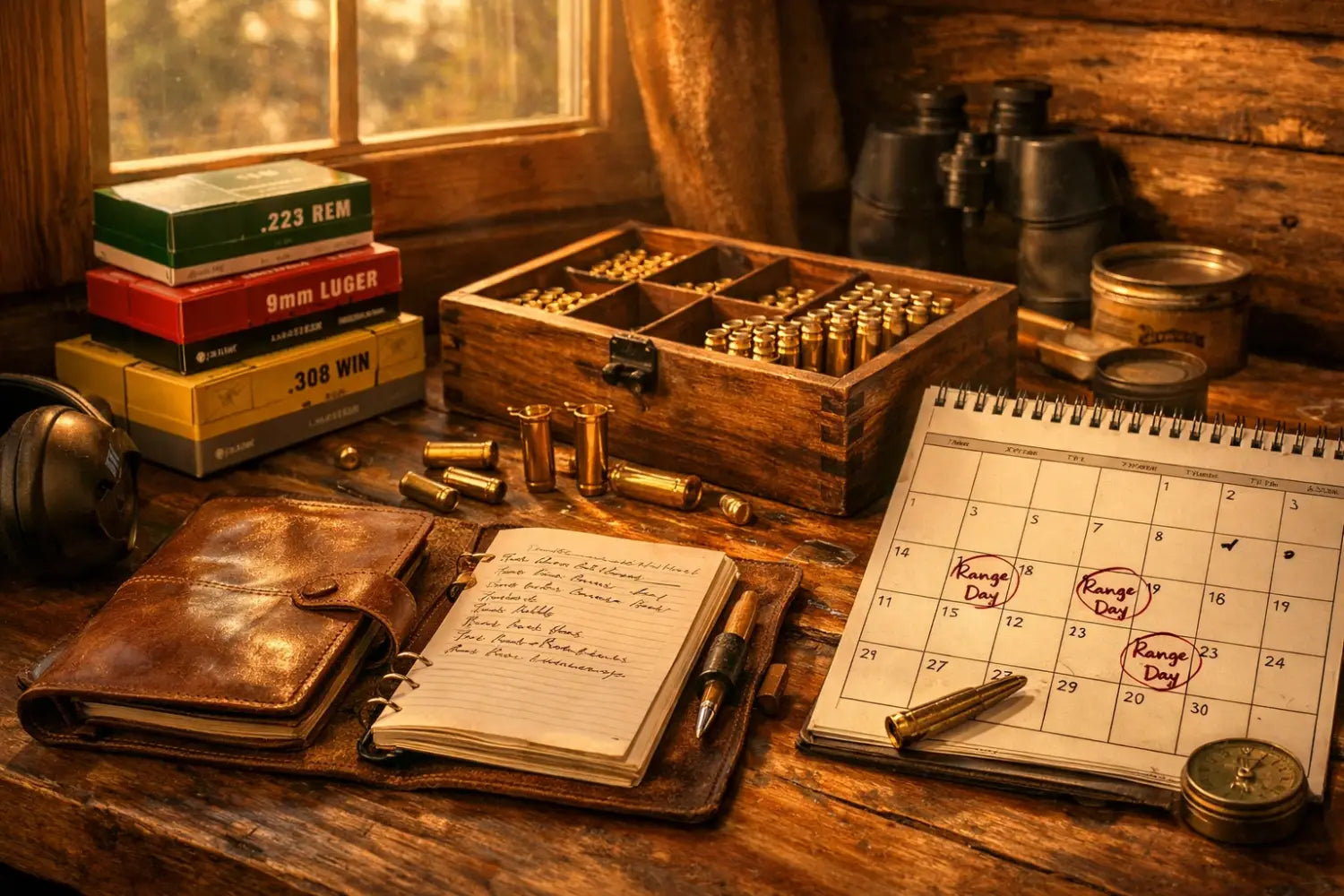 Organized ammunition boxes and shooting journal on workbench for smart ammo buying planning