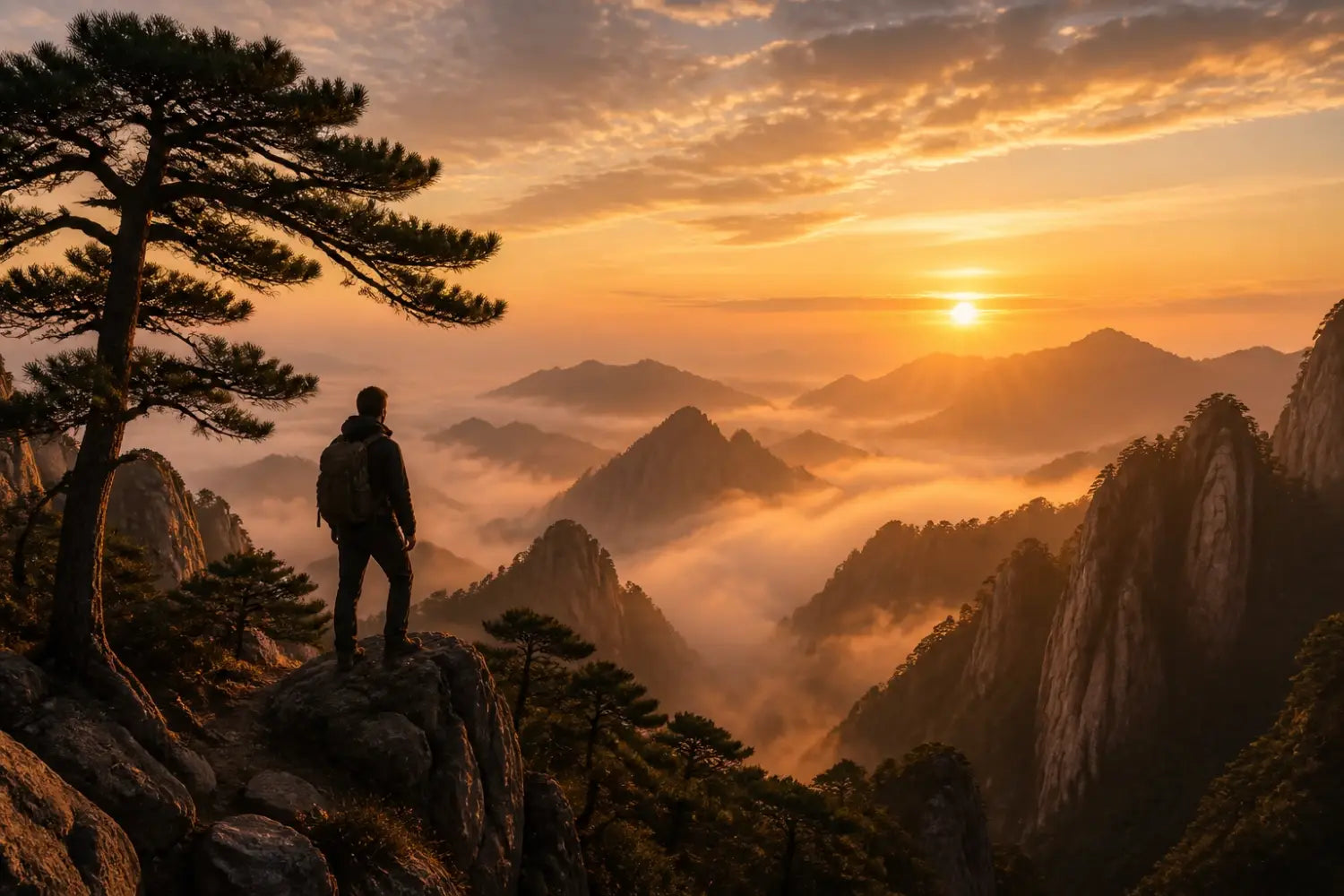 Outdoorsman silhouetted against a mountain sunrise, reflecting on God's creation in nature.