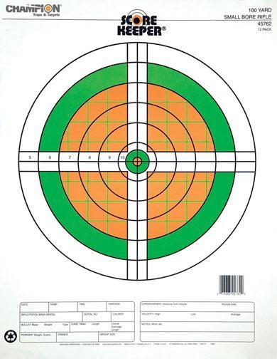 Champion Paper Targets Champion Scorekeeper Targets - Fluorescent Orange & Green Bull - 100 yd. Small Bore Rifle (12-Pack)