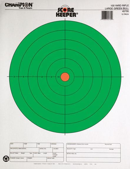 Champion Paper Targets Champion Scorekeeper Targets Fluorescent Orange & Green Bull - 100 yd. Rifle 12/Pack