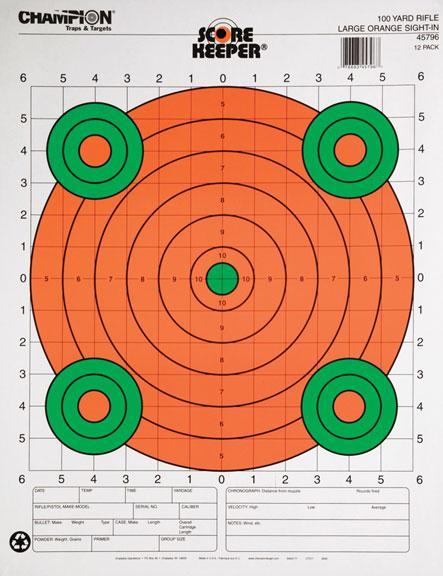 Champion Paper Targets Champion Scorekeeper Targets Fluorescent Orange & Green Bull - 100 yd. Rifle Sight-In 12/Pack