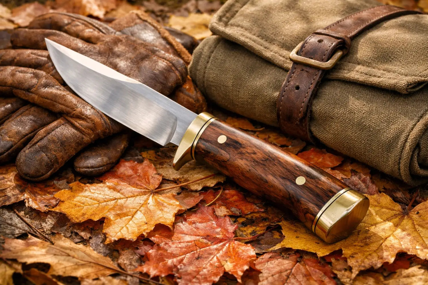 Hunting knife, gloves, and game bag on autumn leaves for field dressing and meat care in the field