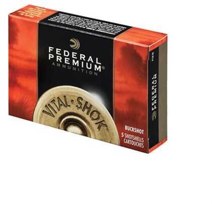 A box of Federal 20 Gauge ammo, labeled Federal Cartridge 3/4 Pellets Lead #3 Buck, includes 5 rounds and features bold branding with a close-up of a shotgun shell base on the packaging.