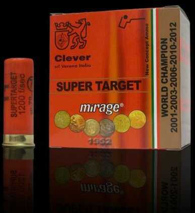 A red 12 Gauge Clever Super Target cartridge sits beside a branded box of 250 Clever 2 3/4 1 1/8 oz Lead #8 rounds, adorned with gold medals and World Champion 2001-2012, displayed on a reflective black surface.