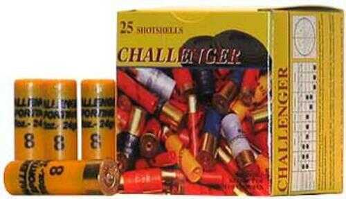 A yellow Challenger Ammo box labeled 20 Gauge 250 Rounds Ammunition, 2 3/4 7/8 oz Lead #9 is shown. Three yellow shells stand upright in front of the box, matching those pictured in the box design.