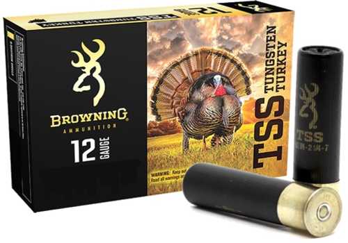 Box of Browning 12 Gauge 5 Rounds Ammunition, 3 1/2 2 1/4 oz Tungsten #7, with two black shells shown in front and a turkey illustration featured on the box.