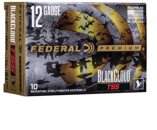 A box of Federal 12 Gauge Cloud TSS shells, 3-inch, 1-1/4 oz, shot size #7 & BB for waterfowl. Contains 10 rounds.