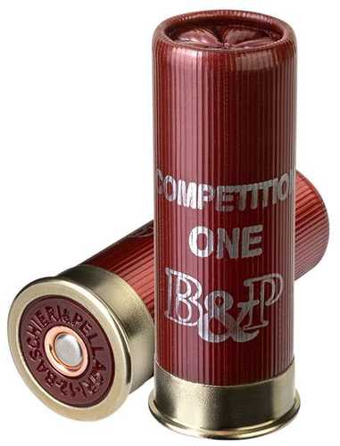 Two red Baschieri & Pellagri 12 Gauge 2-3/4 shotgun shells, one upright showing the Competition One label and one lying down displaying the brass base marked B&P 12 GA 24, are shown.