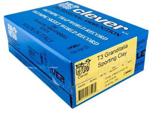 A blue box of Clever 12 Gauge 250 Rounds Ammunition, 2 3/4, 7/8 oz Lead #7.5—Olympic Trap World Record, Made in Italy—ideal for those seeking reliable low sonic shotshell performance.