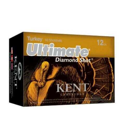 A gold and black box of Kent Cartridges Ultimate Diamond Shot Turkey 12 Gauge 3 Inch Five Shot, featuring a turkey illustration on the front.