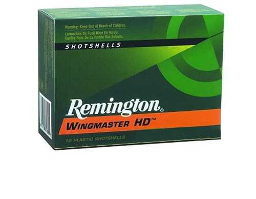 A green and orange Remington box labeled 12 Gauge 10 Rounds Steel BB Ammunition Three And Half Inch, containing 10 plastic shotgun shells, with visible branding and safety warnings on the packaging.