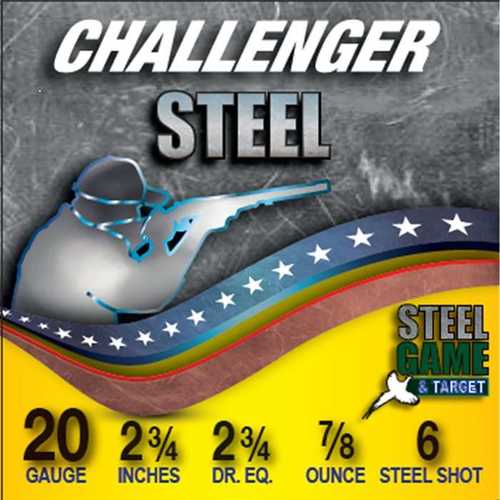 Box label for Challenger Ammo Steel Game & Target 20 Gauge Shotgun Ammo by Challenger Ammo. Features a shooter illustration, 2 3/4, 2 3/4 dr. eq., 7/8 oz, #6 shot, and Steel Game & Target text—ideal for both game and target shooting.