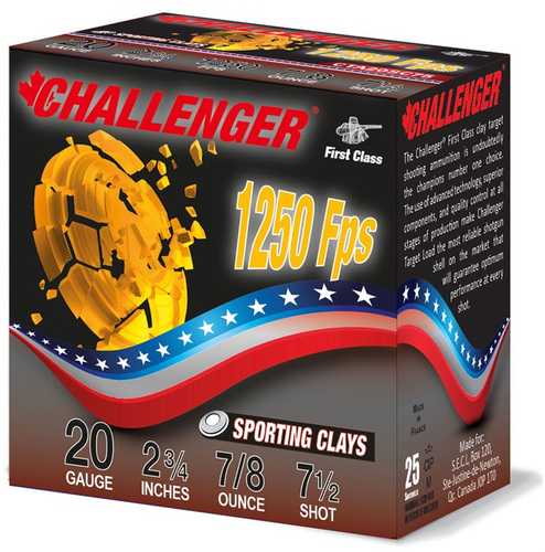 A box of Challenger Ammo First Class Sporting Clay 20 Gauge features American flag-themed packaging and states 2 3/4, #7.5 shot, 7/8 oz, and 1250 fps—250 round case from Challenger Ammo.