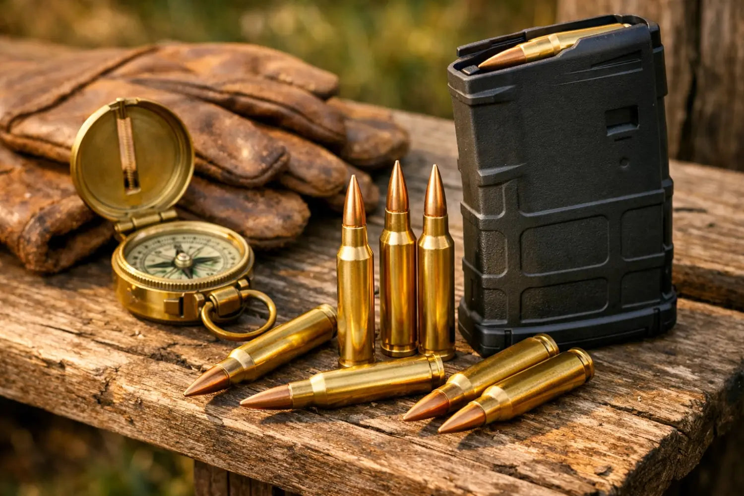 Magpul magazines and hunting ammunition arranged on a rustic bench with a compass.