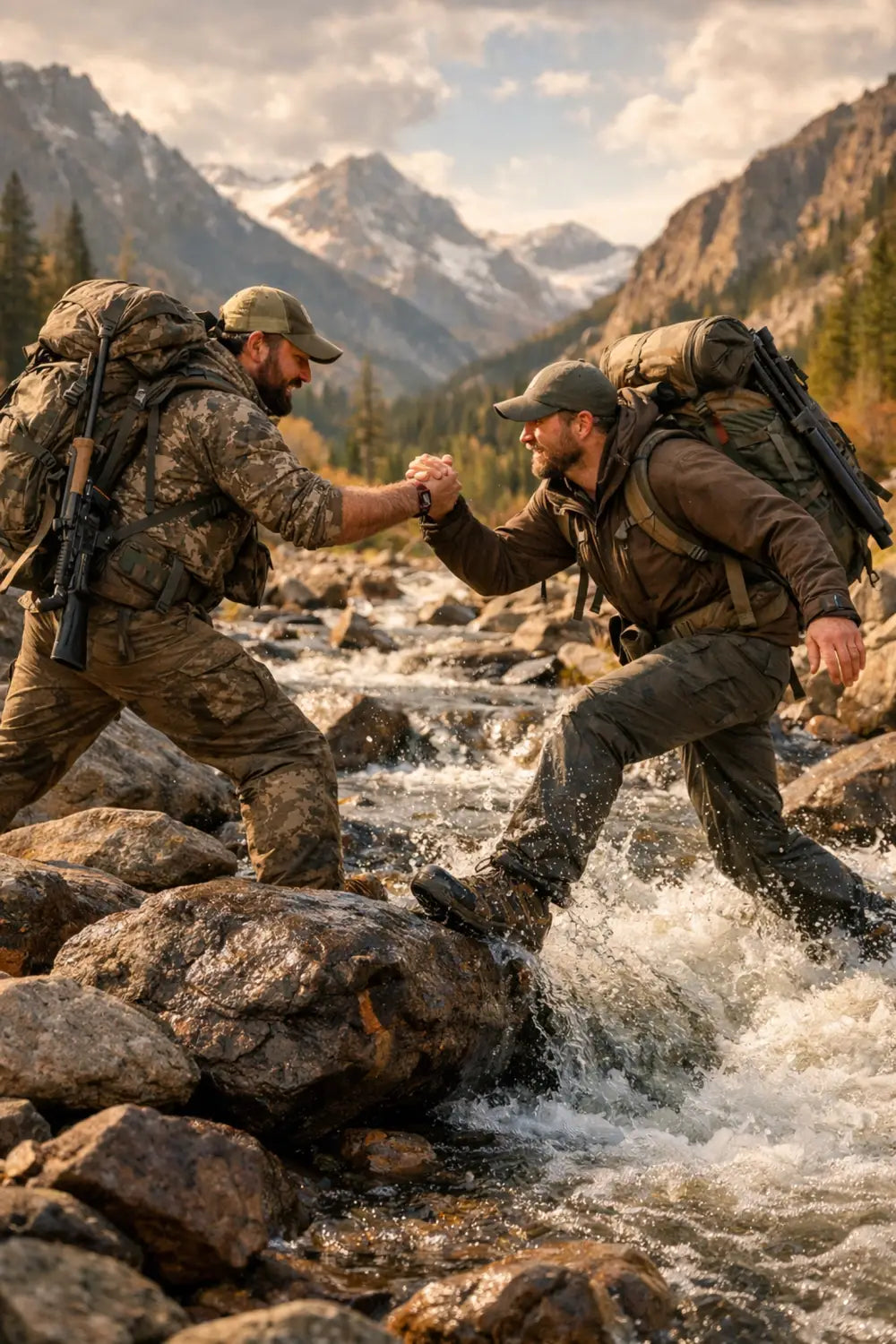 Two outdoorsmen helping each other across stream, demonstrating teamwork in wilderness missions