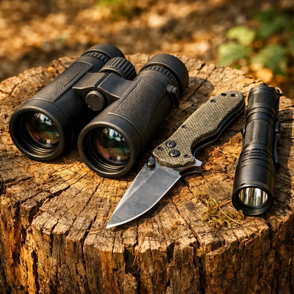 Essential outdoor survival gear and camping tools arranged on a wooden stump in the forest.