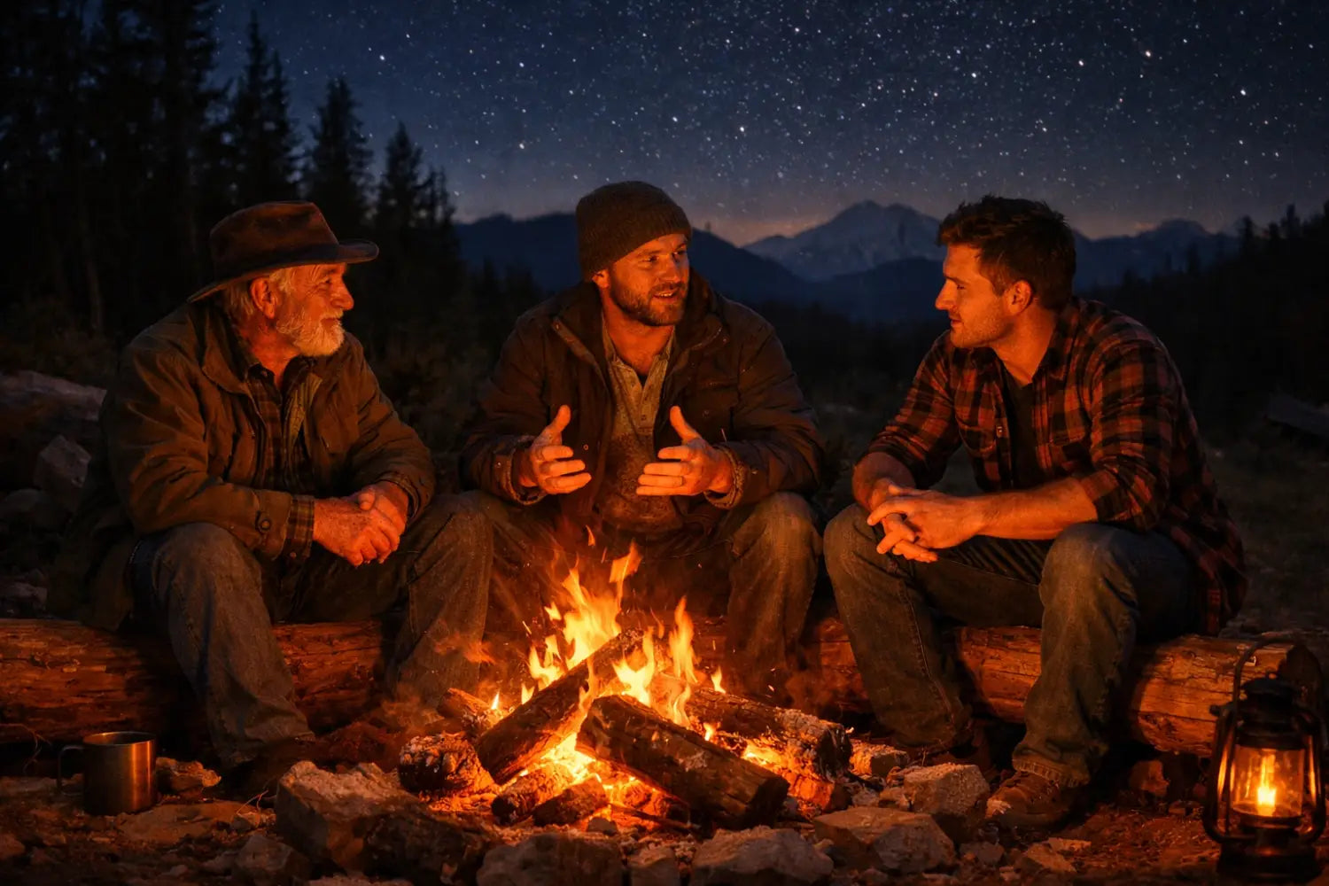 Christian outdoorsmen sharing fellowship around a crackling campfire at a backcountry campsite.