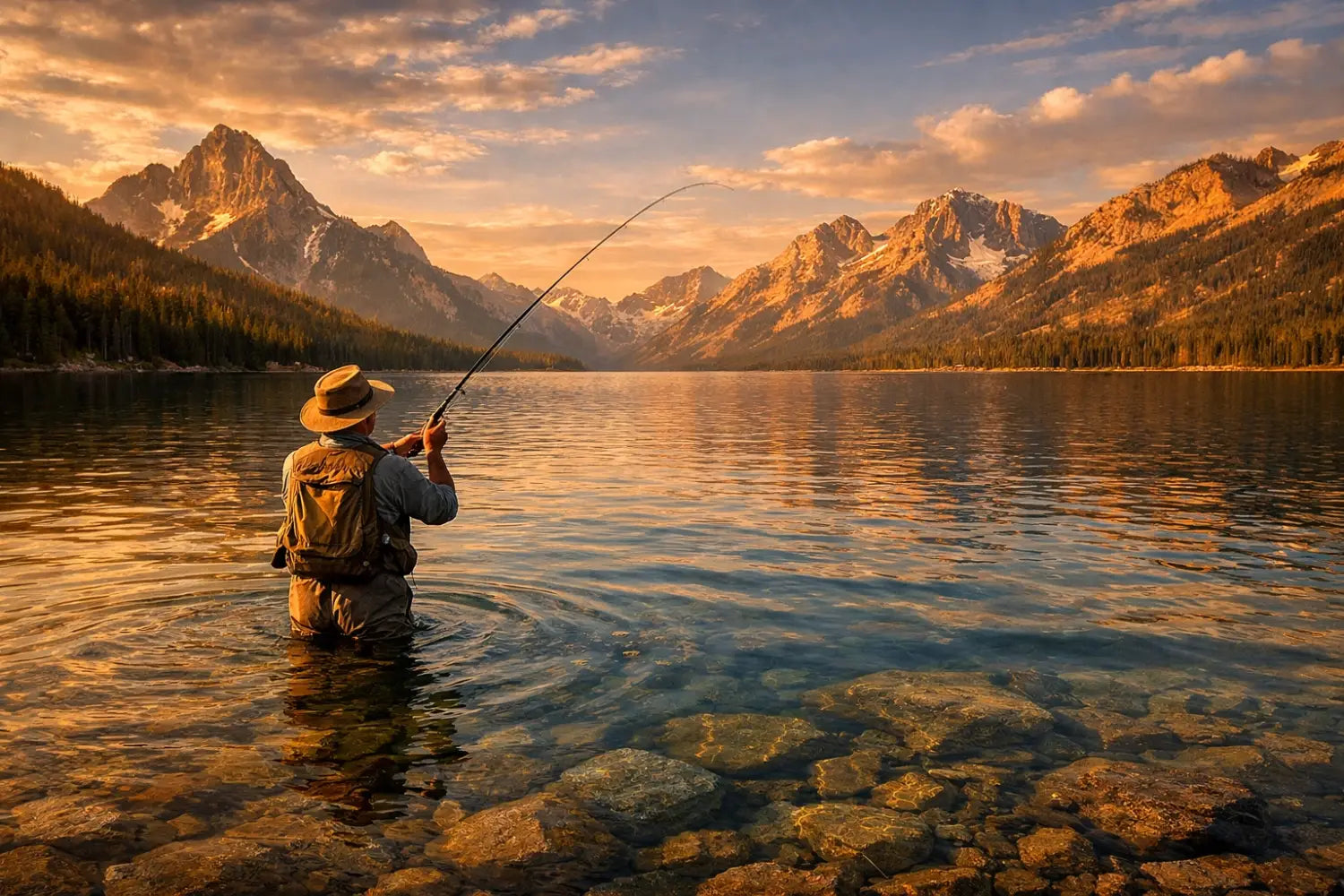 Lone fisherman casting into deep mountain lake waters at golden hour embracing faith