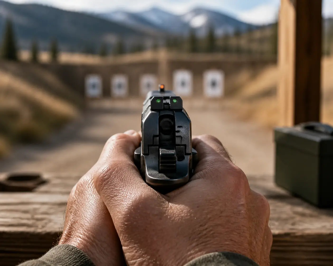 Sharp fiber-optic handgun sights on a pistol, representing focused faith and precision shooting.
