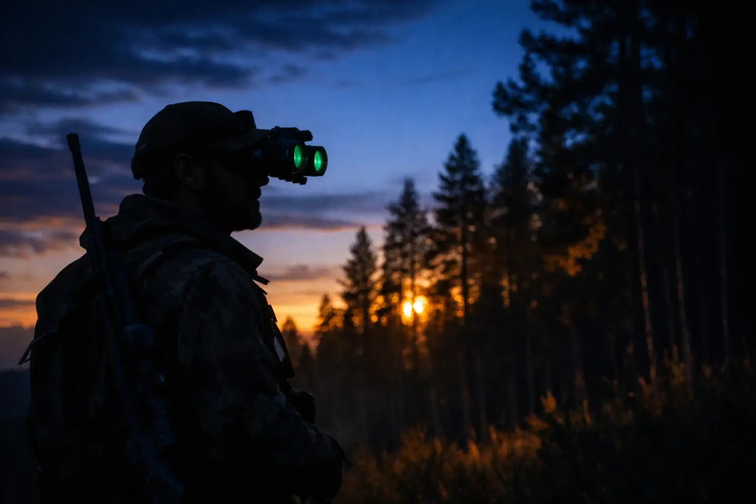 Hunter wearing night vision goggles at forest edge during dusk transition from light to darkness