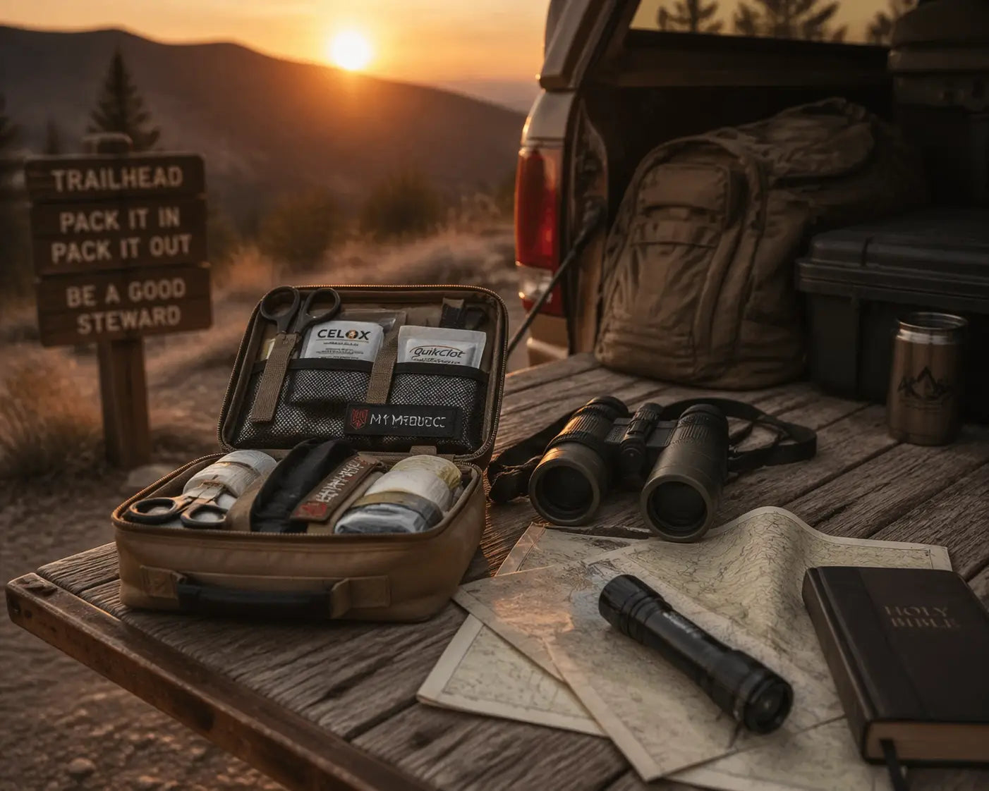 Essential outdoor gear and a trauma kit on a truck tailgate, representing preparedness and stewardship.