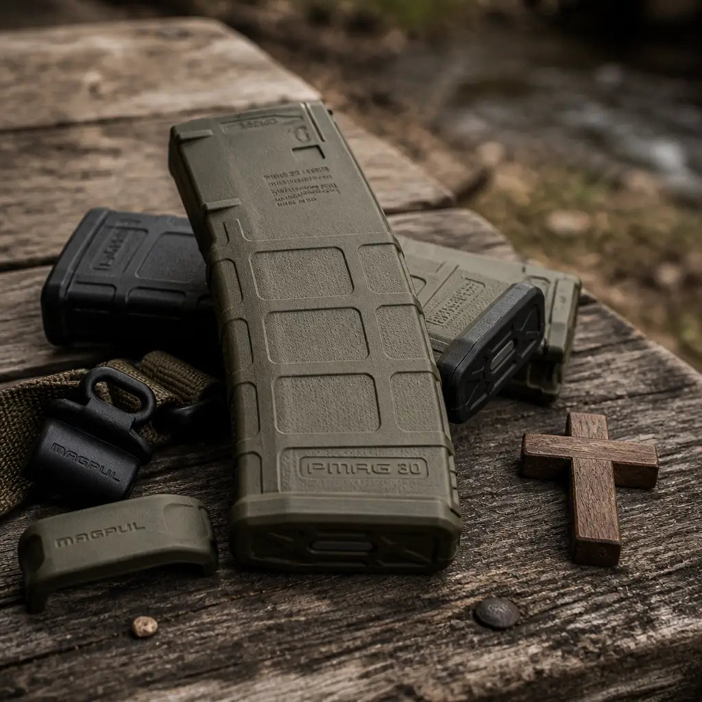 A close-up of Magpul PMAGs and accessories on a rustic wooden surface in natural light.