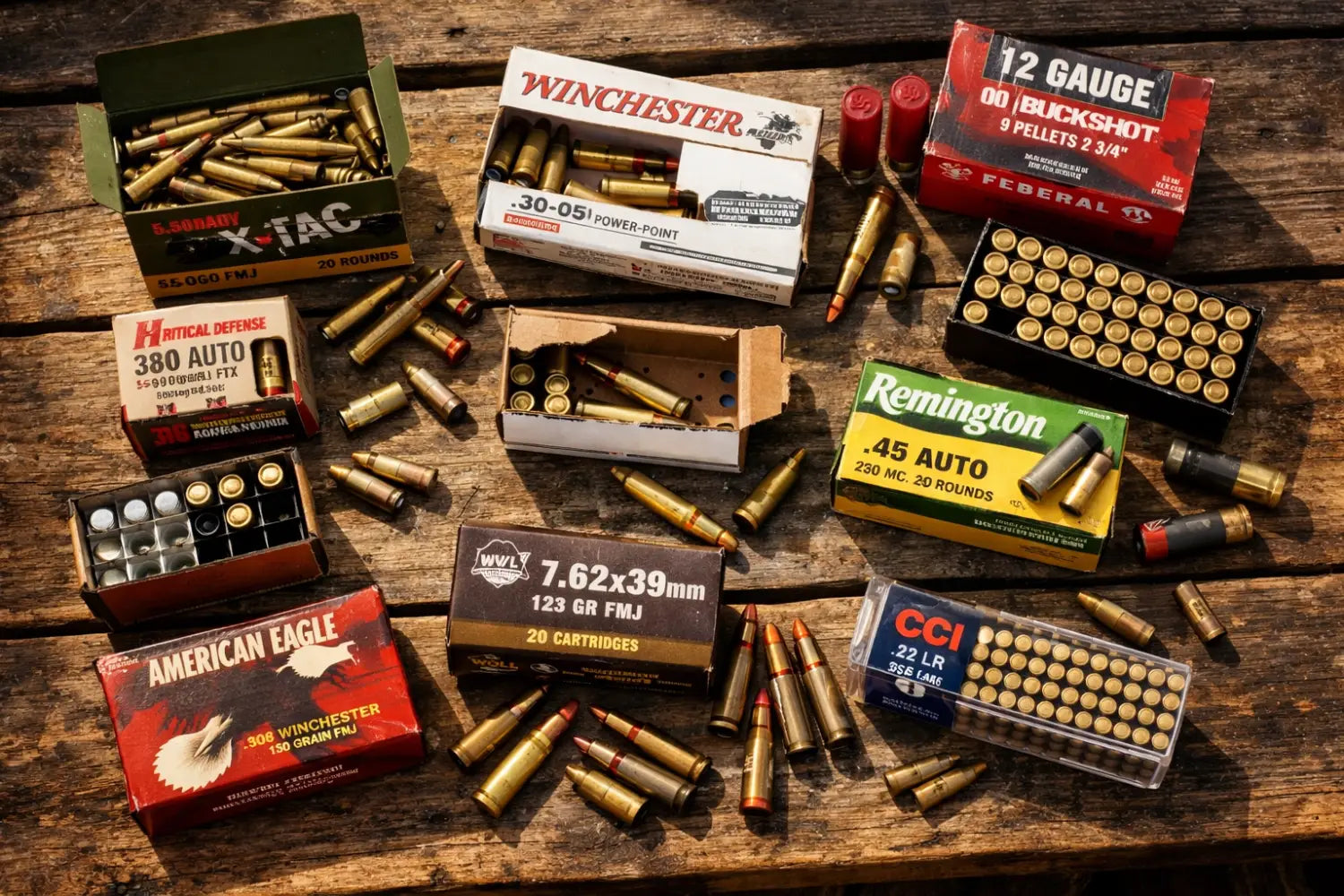 Various ammunition boxes showing supply differences across calibers on wooden table