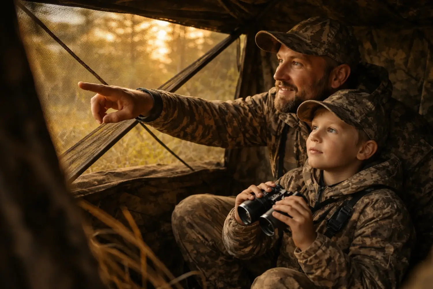Father and son in a hunting blind at dawn, sharing Christian values and outdoor mentorship