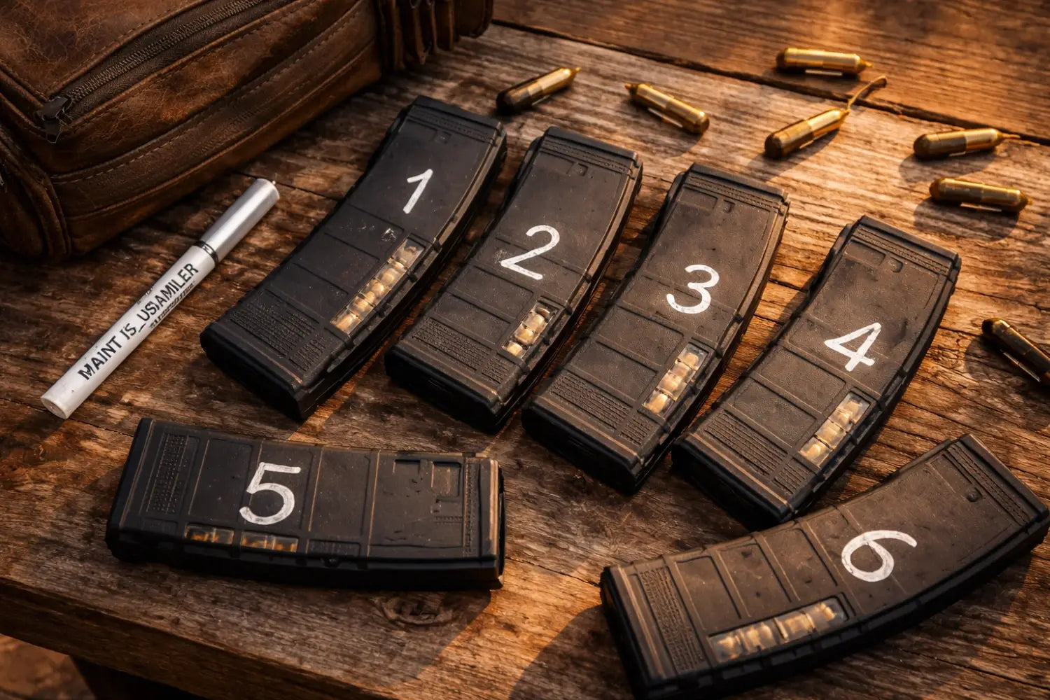 Overhead view of numbered Magpul PMAG magazines and gear on a rustic table for organization and maintenance.