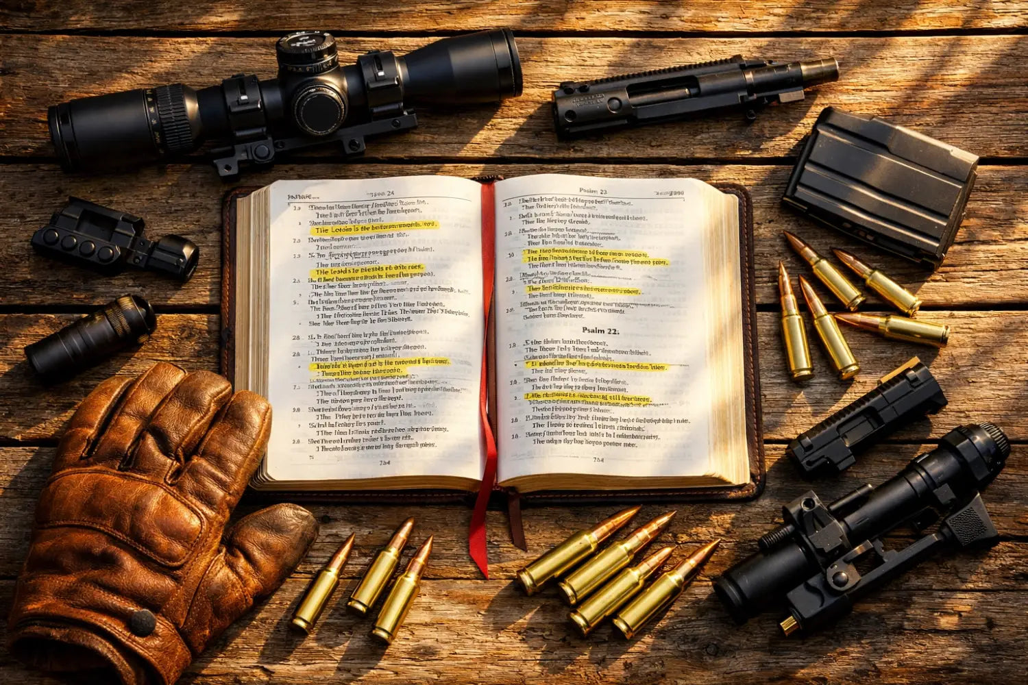 Open Bible with rifle scopes and gun parts showing faith and shooting tools together
