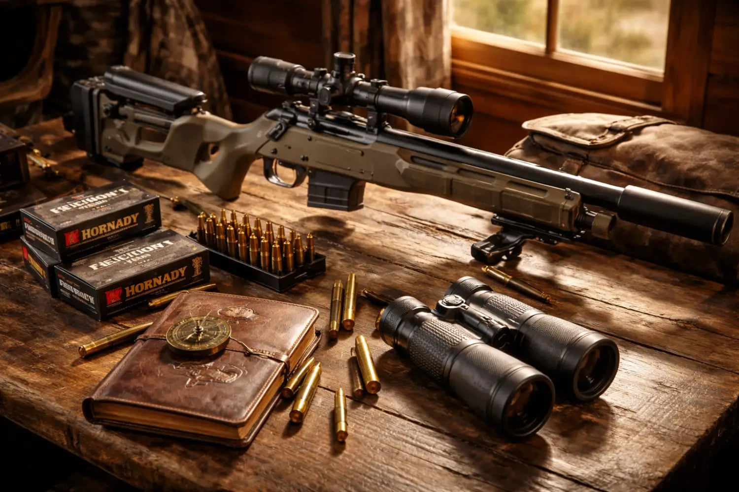 Premium hunting gear with Magpul stock and Hornady ammo on a rustic table, showing ethical outdoor preparation