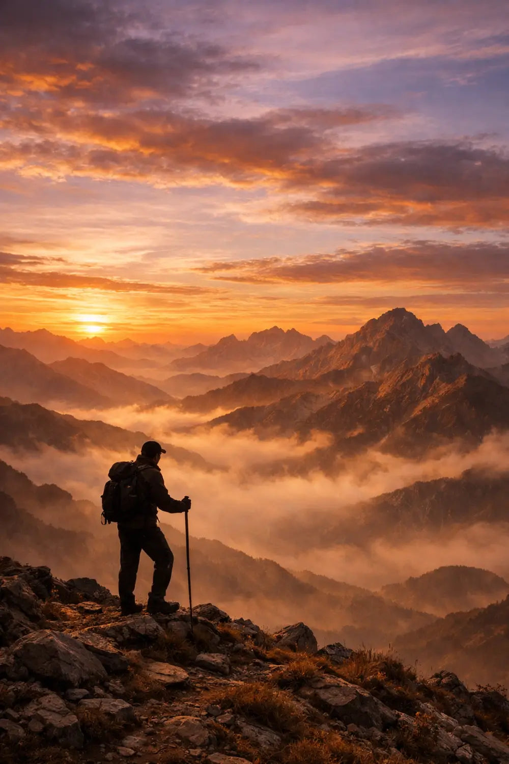 Person silhouetted on a mountain ridge at dawn representing spiritual and outdoor readiness.
