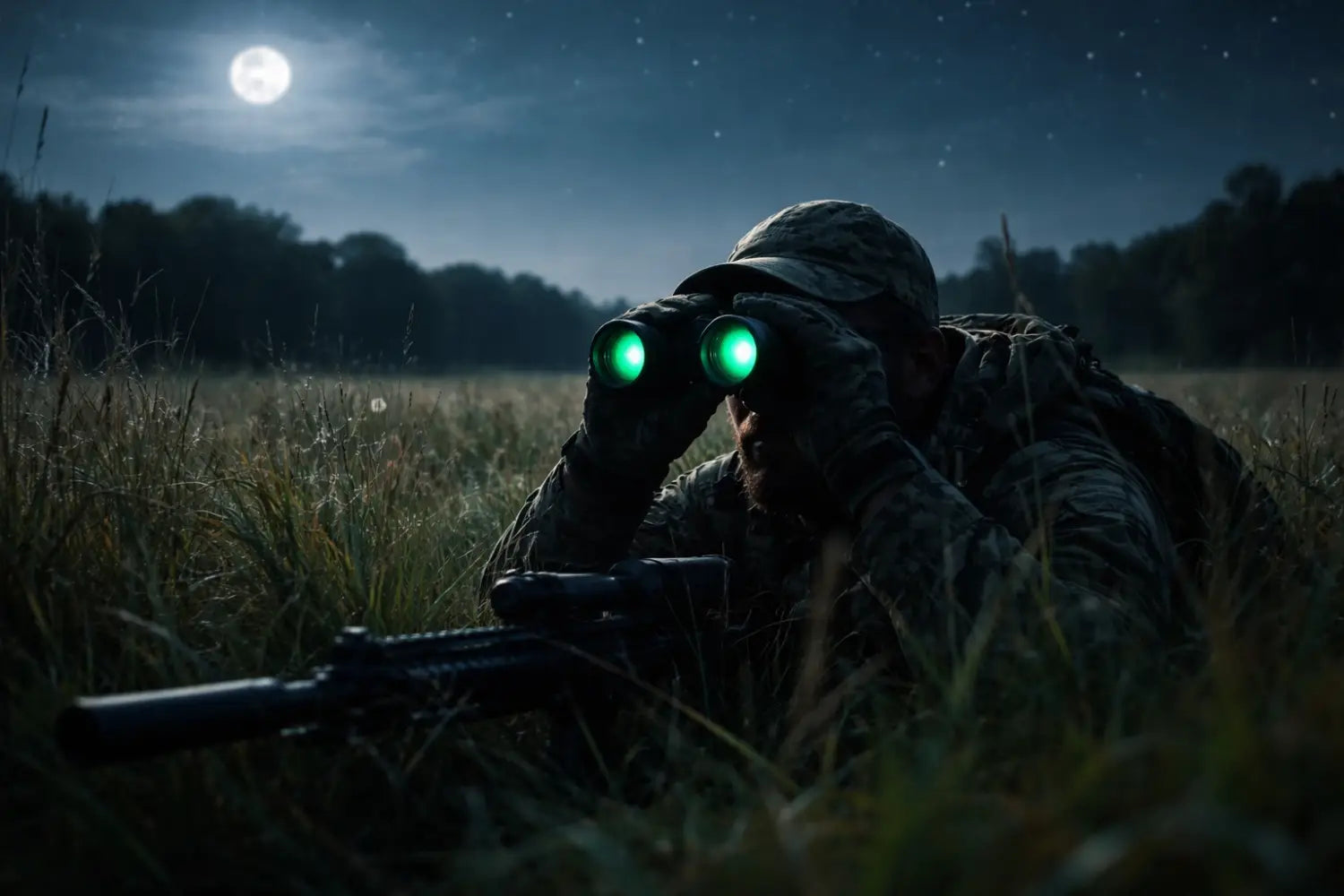Hunter using night vision optics in a moonlit field, illustrating the benefits of night vision hunting gear.