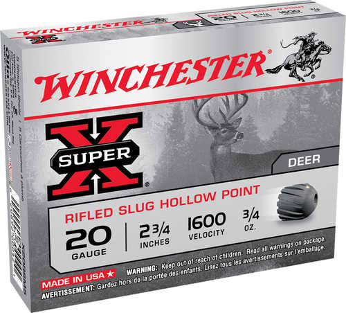 Winchester 20 Gauge 5 Rounds Ammunition features 3/4 oz lead slugs, ideal for hunting. The box showcases a deer image and notes 2 3/4-inch shells with a velocity of 1600 fps.