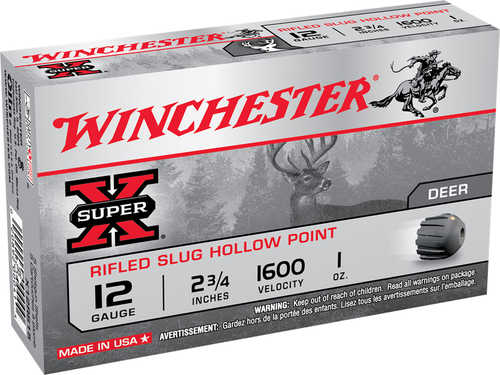 A box of Winchester 12 Gauge 2 3/4 1 oz Lead Slug ammo (5 rounds) features red and black branding, a deer image, and product info on a silver background—ideal for shotgun hunting.